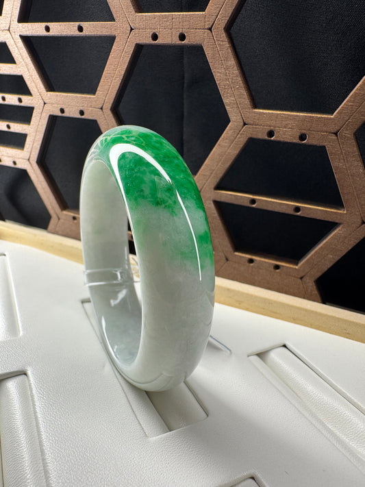 Princess Half Round Burmese White & Green Jadeite Jade Bangle Bracelet. 54mm